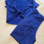TOB Womens Blue Front Tie Knot Bodycon Crop Top & Shorts 2 Piece Set Size Medium