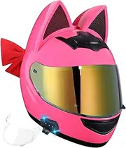 Girls Full Face Motorbike Helmet Removable Liner with Bluetooth Cat Ears Full Face Helmet for Cruiser Street Racing Motocross Cat Ear Helmet DOT/ECE Approved
