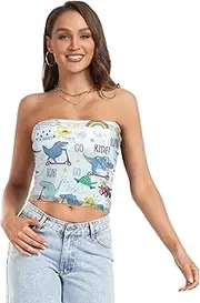 [RPLIFE] Playful Dinosaurs Cropped Tube Top, Strapless Going Out Top, Mesh Tube Tops, Trendy Crop Tops (S)