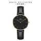 【Daniel Wellington】DW 手錶 Petite Sheffield 32mm爵士黑真皮皮革錶-香檳金框(DW00100547)