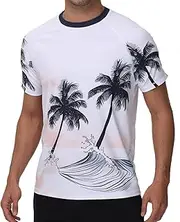 [VAYAGER] Men's UV Rash Guard T-Shirt Swimming Shirt UPF 50+ Swimming Shirts, Quick Drying, Loose Fit, Water Surf Shirt, White Coconut Tree, Large