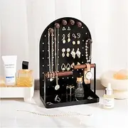 ProCase Cute Jewelry Organizer Stand Earring Holder Organizer for Dorm, Aesthetic Necklace Stand with 6 Removable Wood Hooks, Small Jewelry Display Rack with Bottom Tray for Bracelets Rings -Black
