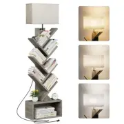 6 Tier Tree Bookshelf with Light, Narrow Bookcase Tower, Tall Floor Grey