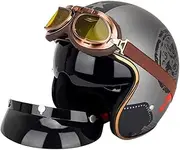 Adult Open-Face 3/4 Helmet Motorcycle Half Helmet ECE/DOT Certification Retro Jet Low Profile Half Shell Helmet with Visor Goggles for Motorbike Biker Cruiser G,L=(59-60cm)