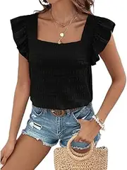 [Generic] Women's Ruffle Cap Sleeve Blouse Square Neck Textured Shirt Casual Tops