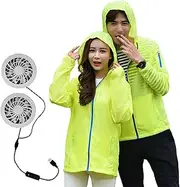 [GOODLUKY] Air Conditioned Work Clothes, with 2 Fans Uv Resistant Cooling Jacket 5V USB Powered Ventilated Jacket for Construction Sites Fishing,Green,XXL