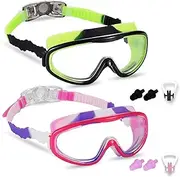 2 Pack Kids Swim Goggles, Soft Silicone Frame and Strap Wide Vision Anti-Fog Waterproof Goggle with Ear Nose Plug, Swimming Glasses for Children and Early Teens from 3 to 15 Years Old