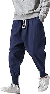 Mens Linen Sweatpants Loose Fit Elastic Drawstring Elastic Waist Hip Hop Harem Pants Crotch Pants with Pockets