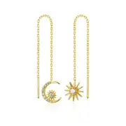 Crystal Crescent Moon Star Tassel Threader Chain Earrings S925 Sterling Silver A