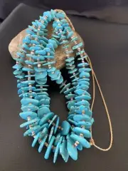 Shell Chip Turquoise 3 Strands Santo Domingo Sterling Silver Necklace 32" 11995