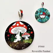 REMARKABLE GENUINE TURQUOISE MUSHROOM INLAY .925 SILVER SUNGOD MEDALLION PENDANT