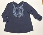 Style & Co. Navy Blouse 3/4 Sleeve With Embroidery Design In Light Blue, Size L