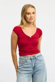Red T-shirt Short Sleeve V-neck Lace Trim - Size 16XL, Women's T-shirt