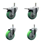 4 Inch Green Poly Wheel Swivel 7/16 Inch Stem Caster Set 2 Total Lock Brake