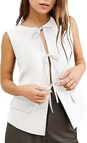 [Ladyful] Women's Vest Top Sleeveless Tie Front Crewneck Waistcoat Adjustable Back Casual Lined Suit Jacket