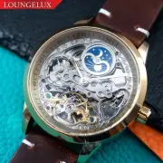 Mens Automatic Skeleton Mechanical Watch Gold Brown Oil Waxed Leather Gift