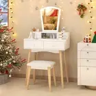 Giantex Vanity Table Set w/Mirror & 6 Drawer Dressing Table Cushioned Stool