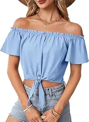 [Vrtige] Women's Tie Knot Front Blouse Ruched Off Shoulder Short Sleeve Crop Top