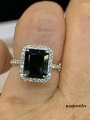 Real Onyx 2.60CT Emerald Cut Wedding Halo Jewelry Ring 14K White Gold Finish