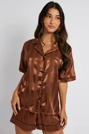 Brown Stripe Satin Pj Jacquard Stripe Piping Pyjama Set - Size L, Women's Satin Set