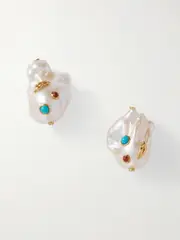 [Pacharee] Pacharee - Jahn Feather Gold-plated Multi-stone Earrings - White - One size One size White