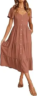 [KIRUNDO] Women 2024 Spring Summer Casual Linen Short Sleeve Midi Dress Button V Neck Tiered Vacation Sundress with Pockets