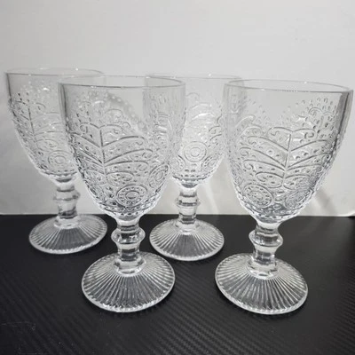 Fiddle + Fern Wine Water Goblets Embossed Glass Set Of 4