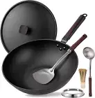 Carbon Steel Wok Pan 12.9" Wok Pan with Lid Woks & Stir-Fry Pans Black