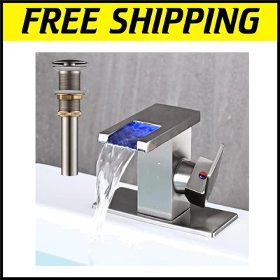 Luxury LED Bathroom Faucet - Brushed Nickel Waterfall Design with Pop-Up Drain