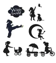 LITTLE GIRLS PLAYING w/ STROLLER, TRICYCLE, DOGS, +MORE SILHOUETTE DIE CUT/ CUTS