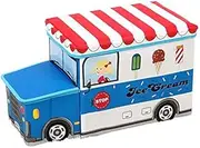 Cartoon Footstool, Padded Cushion Changing Shoes Bench with Storage, Kids & Adults Pouffe Ottoman for Bedroom,Boys Girls Tidy Toy Storage(Blue ice Cream cart)