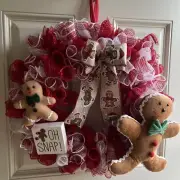 Christmas Gingerbread Handmade Wreath Indoor Outdoor Deco Mesh 18 Inches