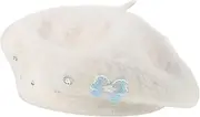 [ANDRESLAD] Cute Beret Hat Plush Imitation Wool Bow Detail Girls' Fuzzy Hat Warmth for Autumn Versatile Daily Wear Beret White