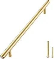 QOGRISUN 2-Pack Solid Brass Cabinet Pulls, Gold Euro Style T Bar Handles, 12-3/5Inch Hole Center for Kitchen Drawer Dresser Cupboard, 15.1-Inch Total Length, Brushed Brass Finish