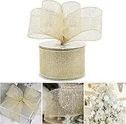 AIMUDI Champagne Christmas Ribbon Wired 2.5 Inch for Tree, Wreaths, Gift Wrapping - Gold Glitter Mesh Holiday Crafts, Garland, Topper Bow - 25 Yards