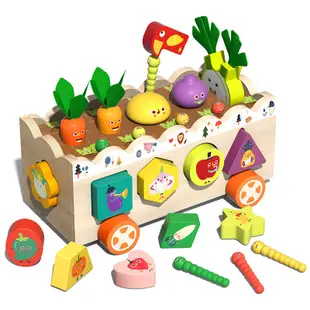 兒童木製果蔬育兒盒 幾何形狀配對拔蘿蔔 抓蟲多功能智力盒 益智玩具