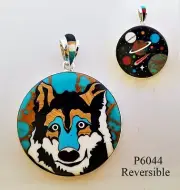 REVERSIBLE CELESTIAL SATURN TURQUOISE INLAY .925 SILVER WOLF MEDALLION PENDANT