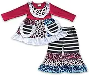 Yawoo Girls Rainbow Leopard Black Striped Two Pockets Long Sleeve Bell Bottoms Pants Set 2 Pieces Outfit
