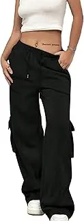[Sofia's Choice] Women's Drawstring Cargo Sweatpants Elastic Waist Wide Leg Pants with Pockets