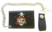 GENUINE LEATHER EMBROIDERED PIRATE SKULL BONE TRI-FOLD WALLET SNAP W CHAIN GI686