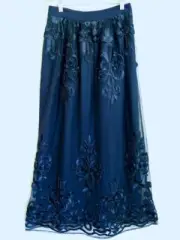 NWT Belle Badgley Mischka Maxi Evening Skirt 4 Ribbon Embroidered Mesh Navy Blue