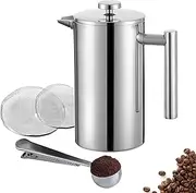 Kitchen Stars 350ml Stainless Steel French Press Tea Coffee Maker Cafetiere - 3 Cups of Coffee Tea - Plunger + 2 Free Mesh Filters + Free Steel Measuring Spoon + Integrated Bag Clip
