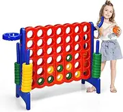 Giant Four in A Row Connect Game, Premium Plastic Jumbo Connect 4 Game w/ 42 Jumbo Rings & Quick-Release Slider, 78CM Kids Outdoor 4 to Score Yard w/Basketball Hoop
