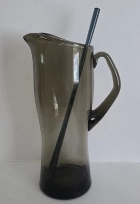 Vintage Glass Pitcher & Stirrer Smokey Glass Holmegaard, Denmark 1960's