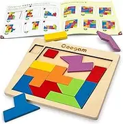 Coogam Wooden Puzzle Blocks Geometric Tangram Brain Teasers Jigsaw 3D Logic IQ Game Colorful Shape Pattern Montessori STEM Educational Toys Gift 60 Challenges for All Ages