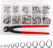 RealPlus 100 Pieces of 6-28.6mm 304 Stainless Steel Single Ear Hose Clamp Rings 10 Sizes with Ear Clamp Pincer for Securing Pipe Hoses and Automotive