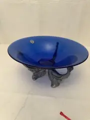 Vtg Arthur Court Elephant Stand w/ Large Blue Glass Bowl AlumInum Signed Italy