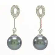14kt Solid White Gold AAA Black Pearls Diamonds Dangle Stud Earrings TPJ