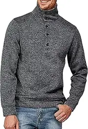 [Qolkmuiy-GJ] Men's Button Quarter Lightweight Sweater Casual Mock Neck Knitted Sweaters Classic Thermal Slim Fit Pullover, Dark Grey, Large