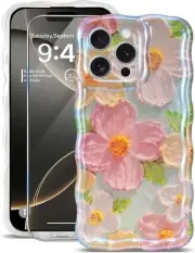for iPhone 16 Pro Case with Screen Protectors Wave Bumper Colorful Oil Painting